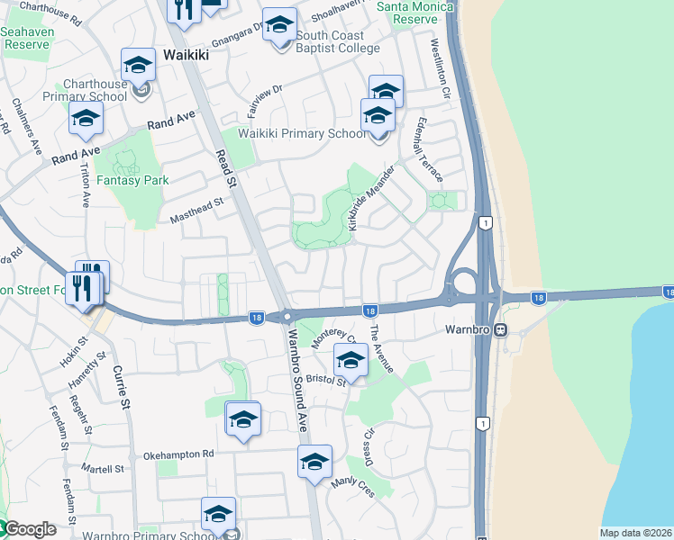 map of restaurants, bars, coffee shops, grocery stores, and more near 10 Ambleside Parade in Waikiki