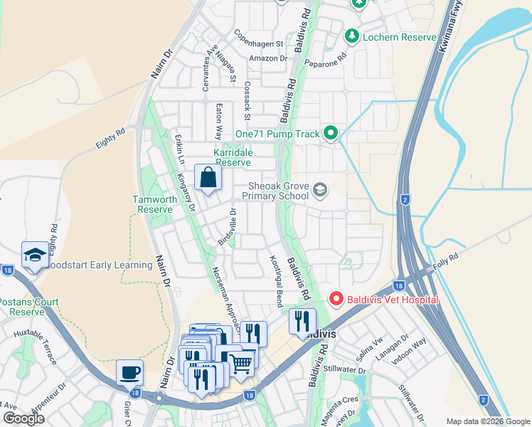 map of restaurants, bars, coffee shops, grocery stores, and more near 5 Curlewis Drive in Baldivis