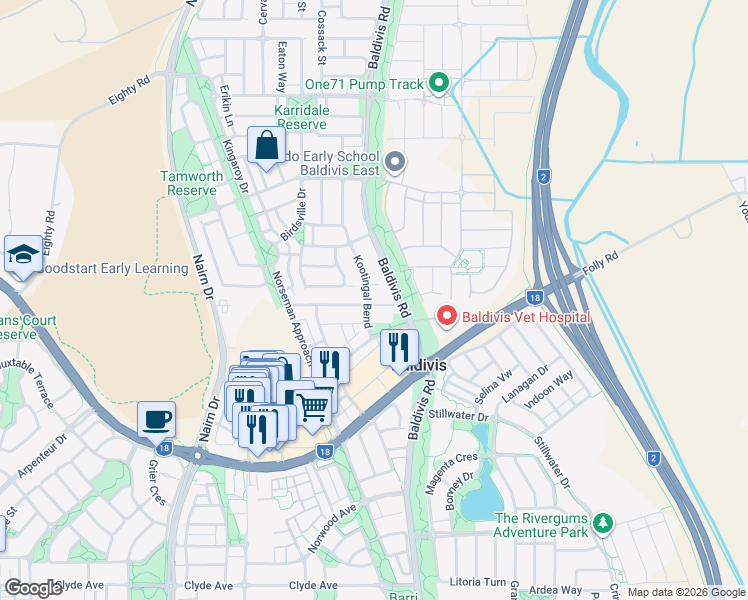 map of restaurants, bars, coffee shops, grocery stores, and more near 33 Kootingal Bend in Baldivis