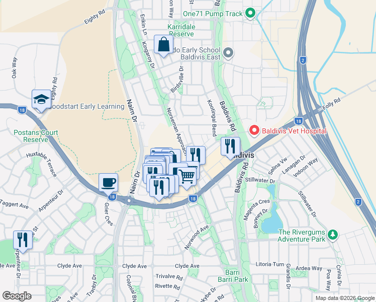 map of restaurants, bars, coffee shops, grocery stores, and more near 57 Norseman Approach in Baldivis