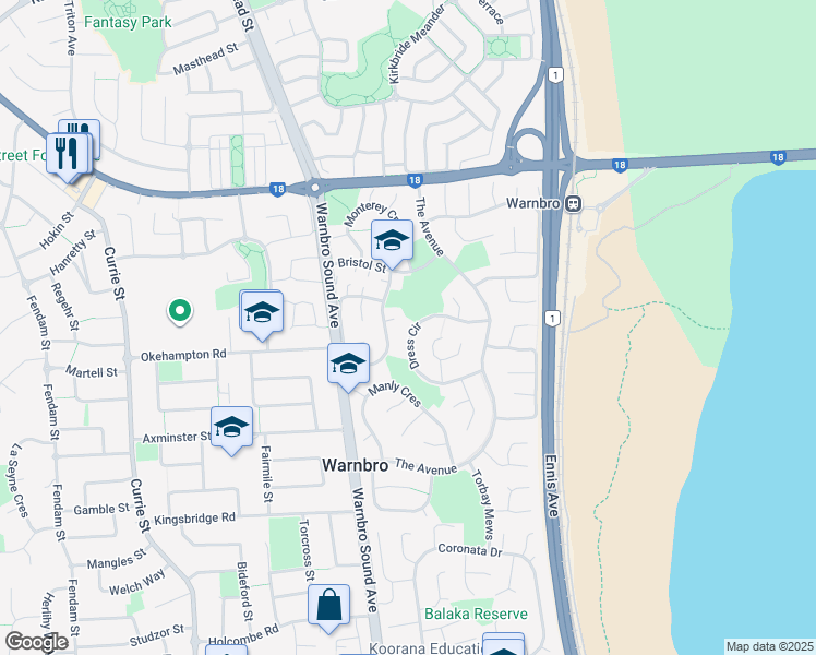 map of restaurants, bars, coffee shops, grocery stores, and more near 28 Dress Circle in Warnbro