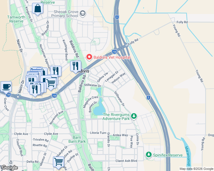 map of restaurants, bars, coffee shops, grocery stores, and more near 13 Stillwater Drive in Baldivis