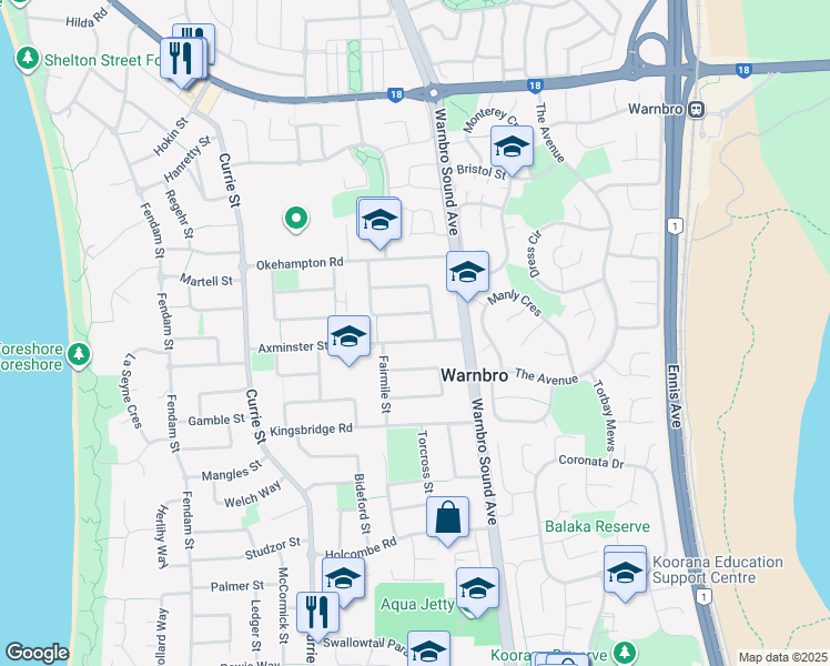 map of restaurants, bars, coffee shops, grocery stores, and more near 60 Axminster Street in Warnbro