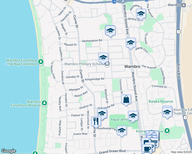 map of restaurants, bars, coffee shops, grocery stores, and more near 17 Kingsbridge Road in Warnbro