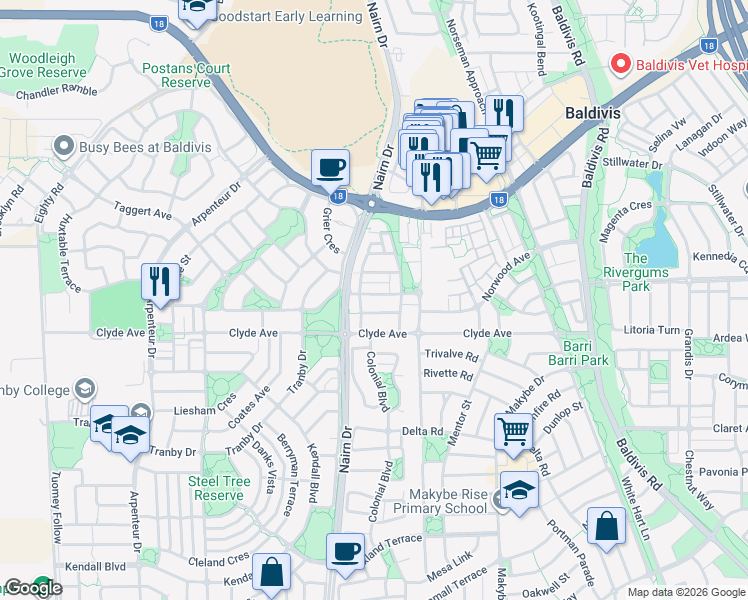 map of restaurants, bars, coffee shops, grocery stores, and more near 28 Addison Avenue in Baldivis