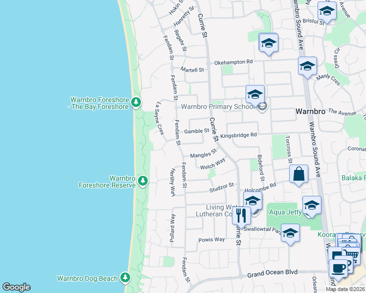 map of restaurants, bars, coffee shops, grocery stores, and more near 119 Fendam Street in Warnbro