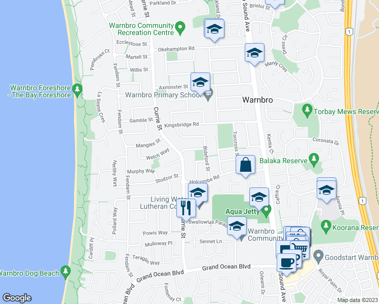 map of restaurants, bars, coffee shops, grocery stores, and more near 7 Cadbury Street in Warnbro