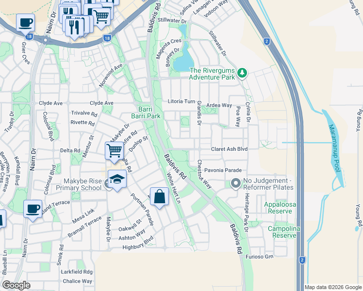 map of restaurants, bars, coffee shops, grocery stores, and more near 7 Claret Ash Boulevard in Baldivis