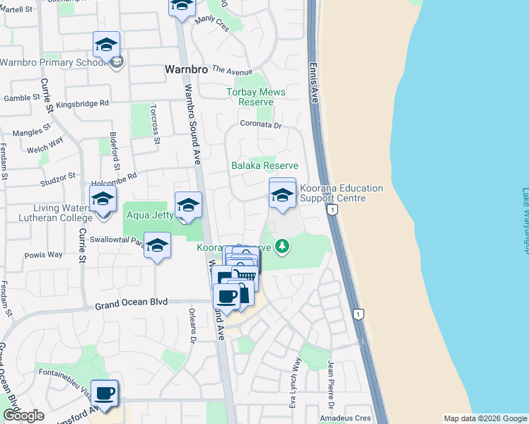 map of restaurants, bars, coffee shops, grocery stores, and more near 11 Chusan Court in Warnbro