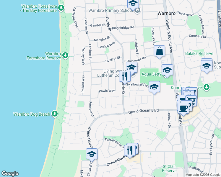 map of restaurants, bars, coffee shops, grocery stores, and more near 6 Powis Way in Warnbro