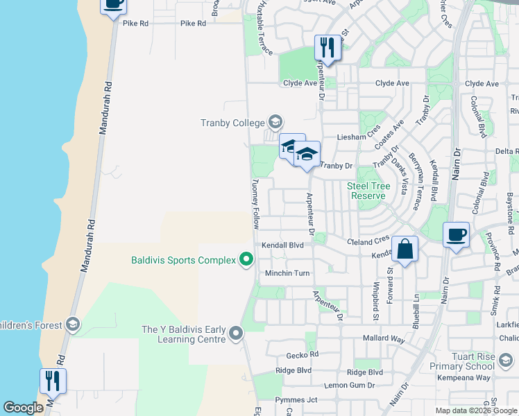 map of restaurants, bars, coffee shops, grocery stores, and more near 29 Tuomey Follow in Baldivis