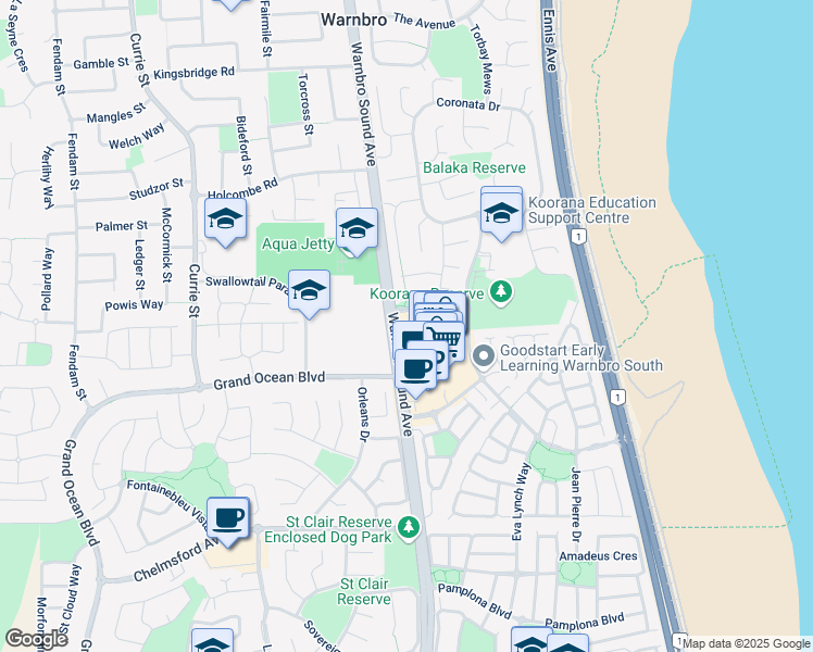 map of restaurants, bars, coffee shops, grocery stores, and more near 200 Warnbro Sound Avenue in Warnbro