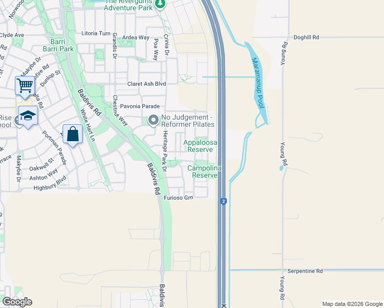 map of restaurants, bars, coffee shops, grocery stores, and more near 32 Campolina Avenue in Baldivis