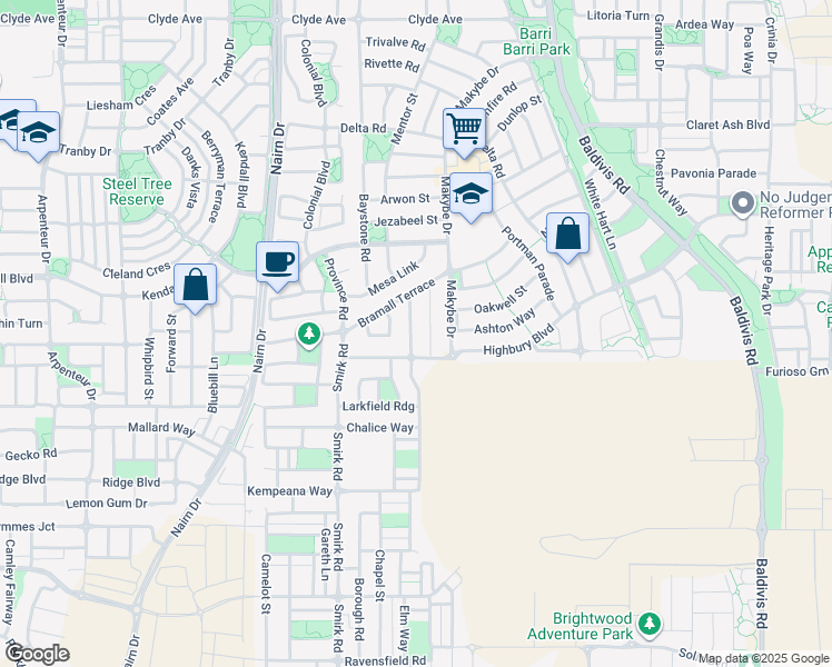 map of restaurants, bars, coffee shops, grocery stores, and more near 19 Lionel Parade in Baldivis