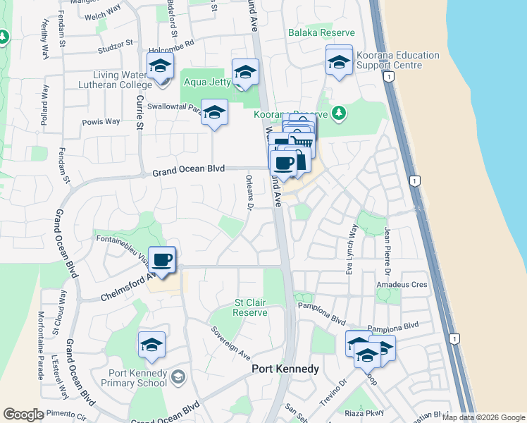 map of restaurants, bars, coffee shops, grocery stores, and more near 27 La Rochelle Ramble in Port Kennedy
