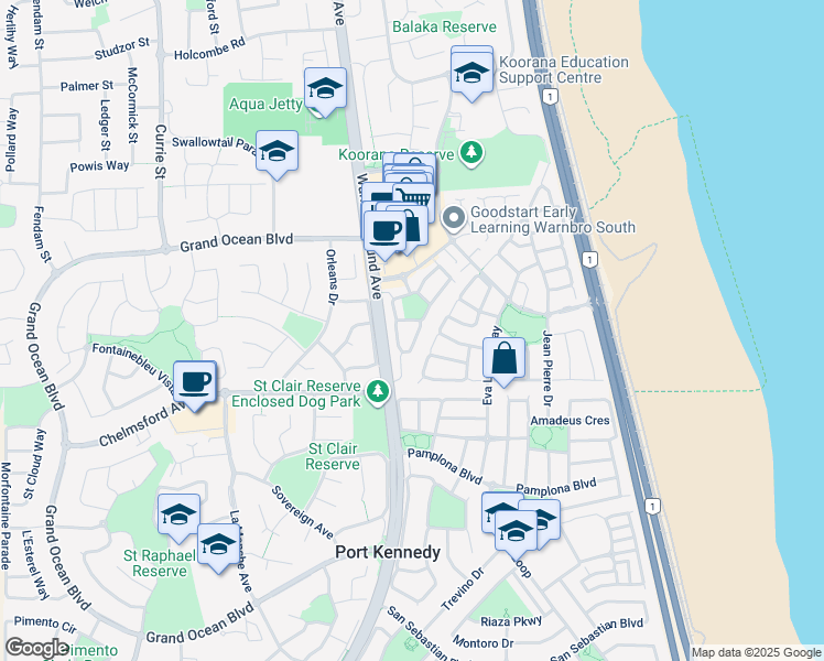 map of restaurants, bars, coffee shops, grocery stores, and more near 4 Azure Lane in Warnbro