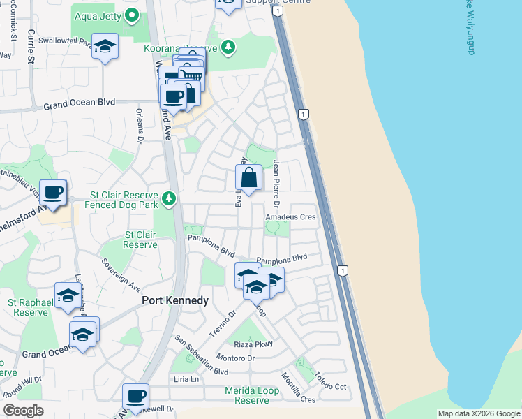 map of restaurants, bars, coffee shops, grocery stores, and more near 34 Edgbaston Crescent in Port Kennedy
