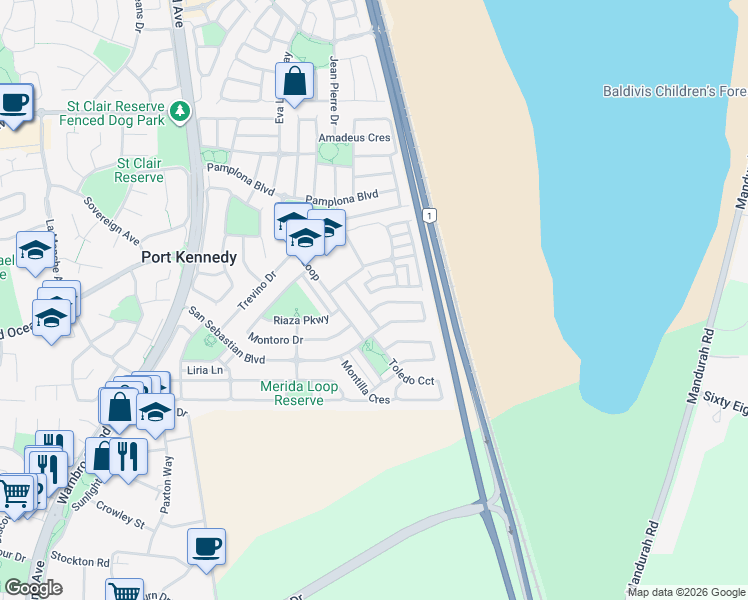 map of restaurants, bars, coffee shops, grocery stores, and more near 156 San Sebastian Boulevard in Port Kennedy