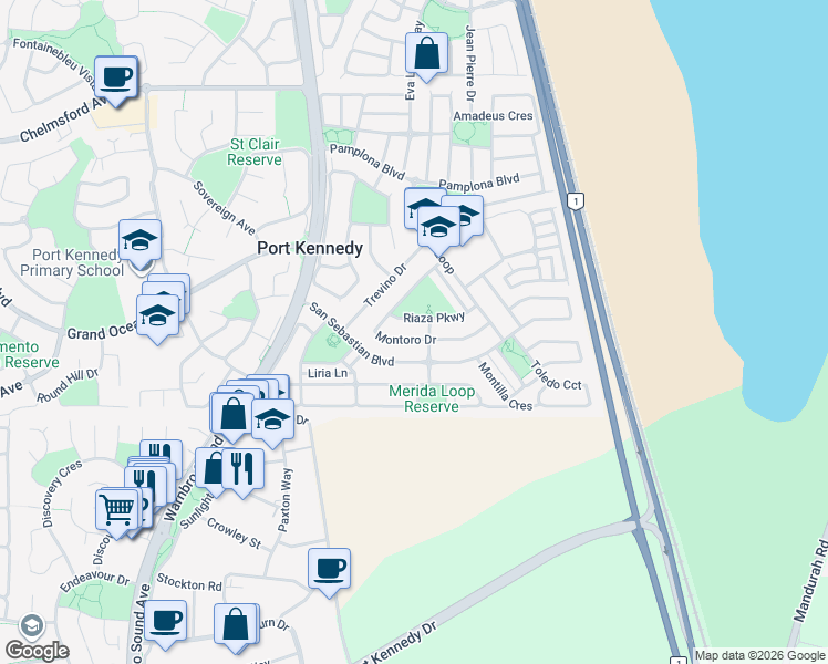 map of restaurants, bars, coffee shops, grocery stores, and more near 47 Montoro Drive in Port Kennedy