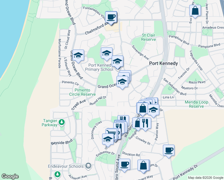 map of restaurants, bars, coffee shops, grocery stores, and more near 5 Hillcrest Court in Port Kennedy