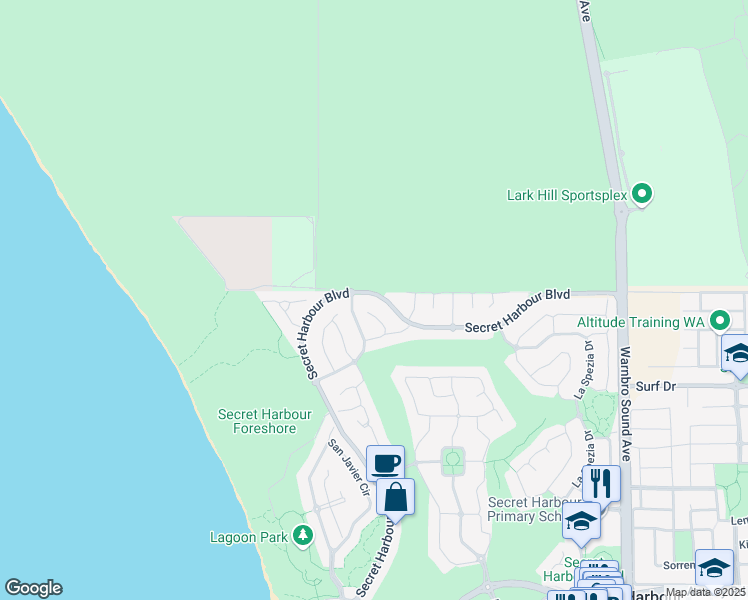 map of restaurants, bars, coffee shops, grocery stores, and more near 93 Secret Harbour Boulevard in Secret Harbour