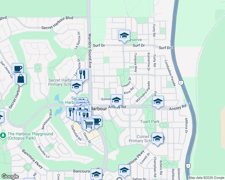 map of restaurants, bars, coffee shops, grocery stores, and more near 24 Geographe Bay Pass in Secret Harbour