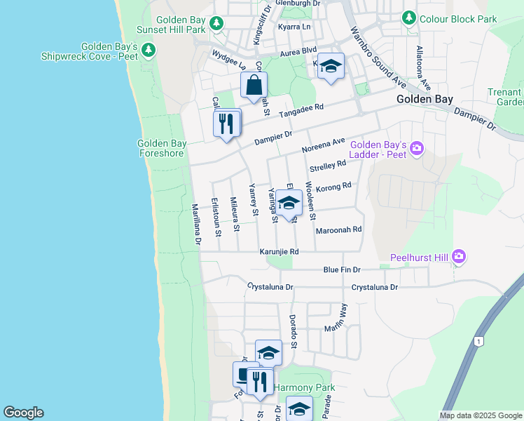 map of restaurants, bars, coffee shops, grocery stores, and more near 22 Yanrey Street in Golden Bay