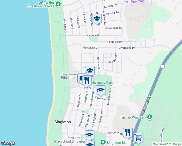 map of restaurants, bars, coffee shops, grocery stores, and more near 11 Sandy Terrace in Singleton