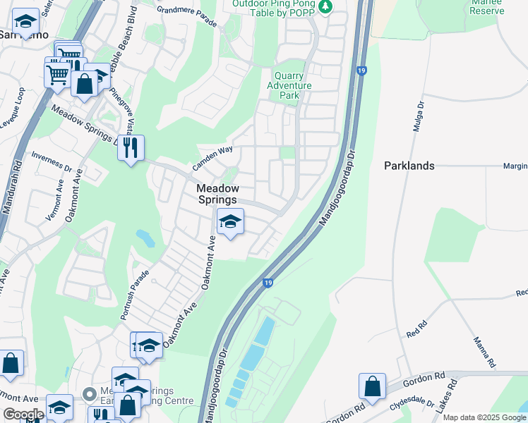 map of restaurants, bars, coffee shops, grocery stores, and more near 130 Meadow Springs Drive in Meadow Springs