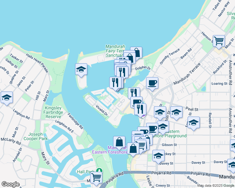 map of restaurants, bars, coffee shops, grocery stores, and more near 2 The Palladio in Mandurah