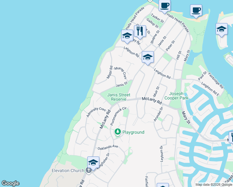 map of restaurants, bars, coffee shops, grocery stores, and more near 101 Janis Street in Halls Head