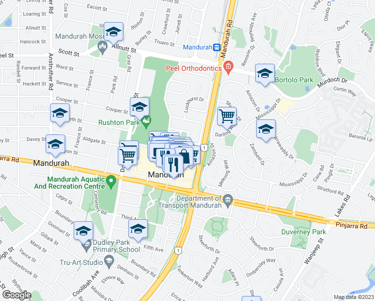 map of restaurants, bars, coffee shops, grocery stores, and more near 16 Clarice Street in Mandurah