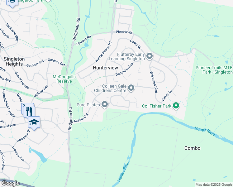 map of restaurants, bars, coffee shops, grocery stores, and more near 39 Benjamin Circuit in Hunterview