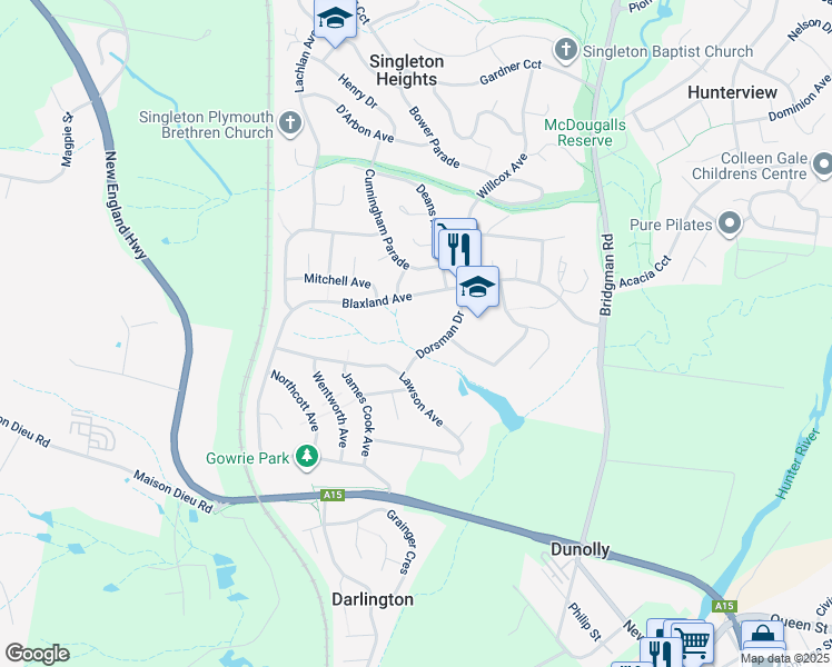 map of restaurants, bars, coffee shops, grocery stores, and more near 8 Dorsman Drive in Singleton Heights