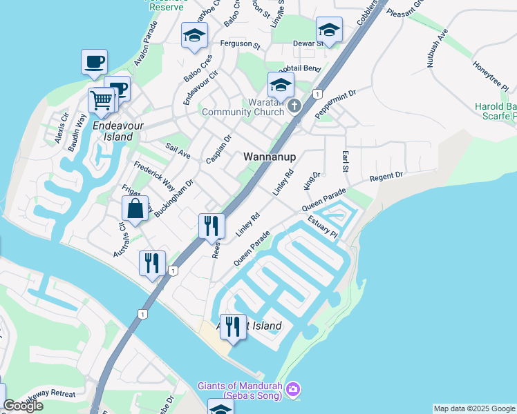 map of restaurants, bars, coffee shops, grocery stores, and more near 24 Linley Road in Wannanup