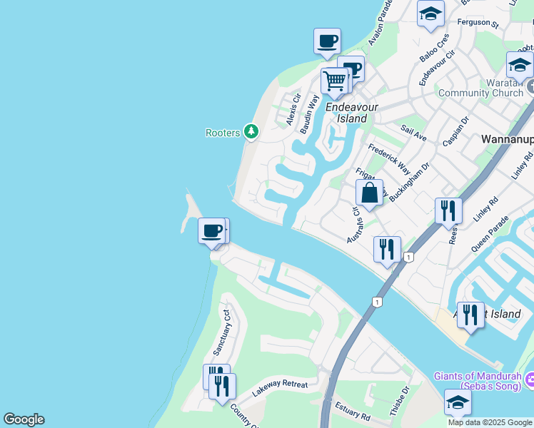 map of restaurants, bars, coffee shops, grocery stores, and more near 82 Voyager Close in Wannanup
