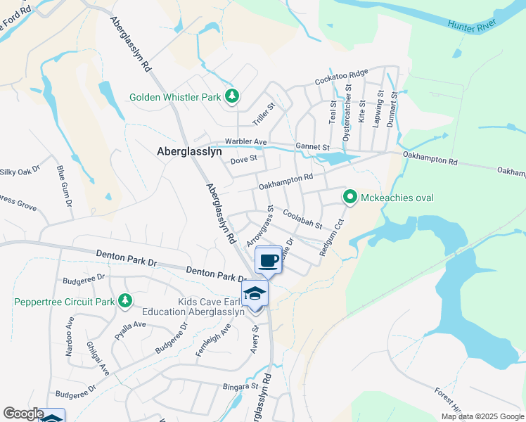map of restaurants, bars, coffee shops, grocery stores, and more near Honeysuckle Drive in Aberglasslyn