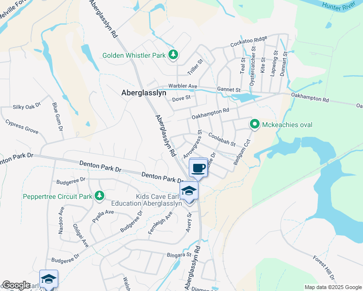 map of restaurants, bars, coffee shops, grocery stores, and more near Honeysuckle Drive in Aberglasslyn