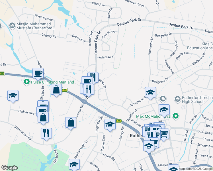 map of restaurants, bars, coffee shops, grocery stores, and more near 49 Fairfax Street in Rutherford