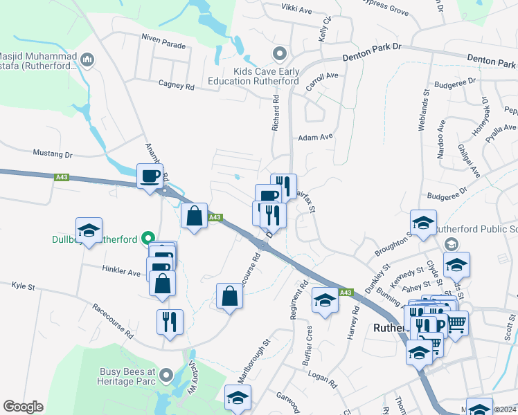 map of restaurants, bars, coffee shops, grocery stores, and more near 12 Denton Park Drive in Rutherford
