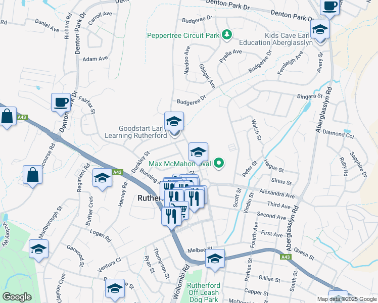 map of restaurants, bars, coffee shops, grocery stores, and more near 70 Weblands Street in Rutherford