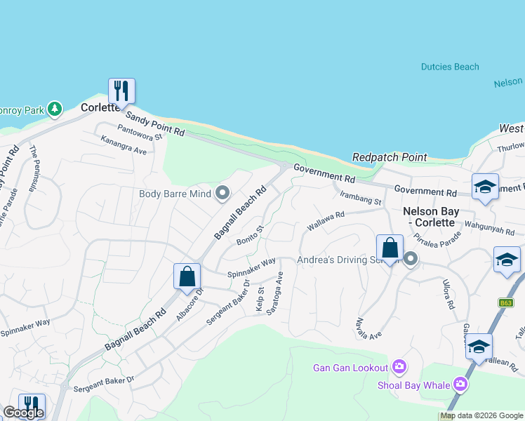 map of restaurants, bars, coffee shops, grocery stores, and more near 44 Bonito Street in Corlette