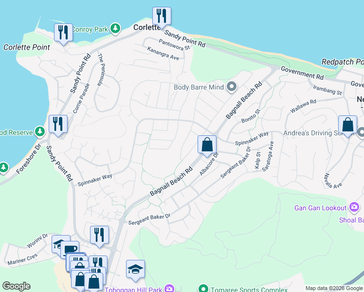 map of restaurants, bars, coffee shops, grocery stores, and more near in Port Stephens Council