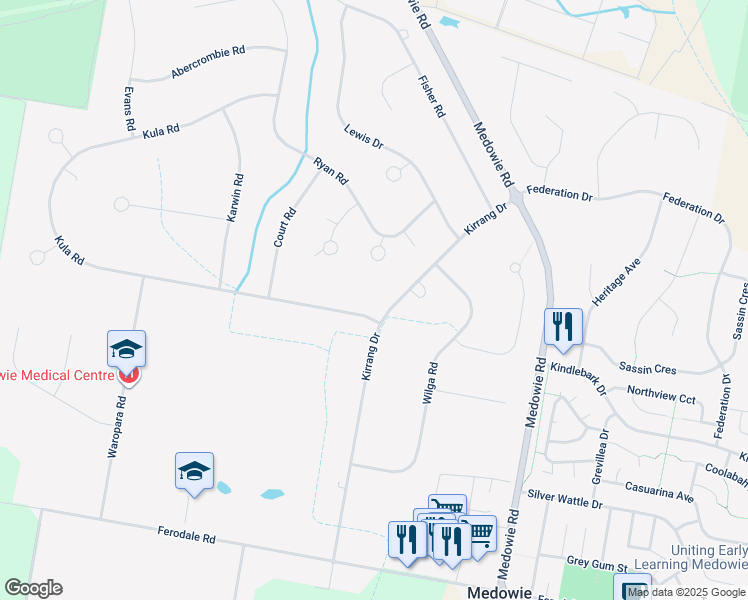 map of restaurants, bars, coffee shops, grocery stores, and more near 0 Kula Road in Medowie
