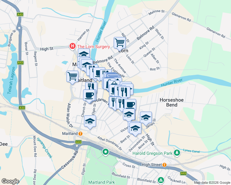 map of restaurants, bars, coffee shops, grocery stores, and more near 344 The Levee in Maitland