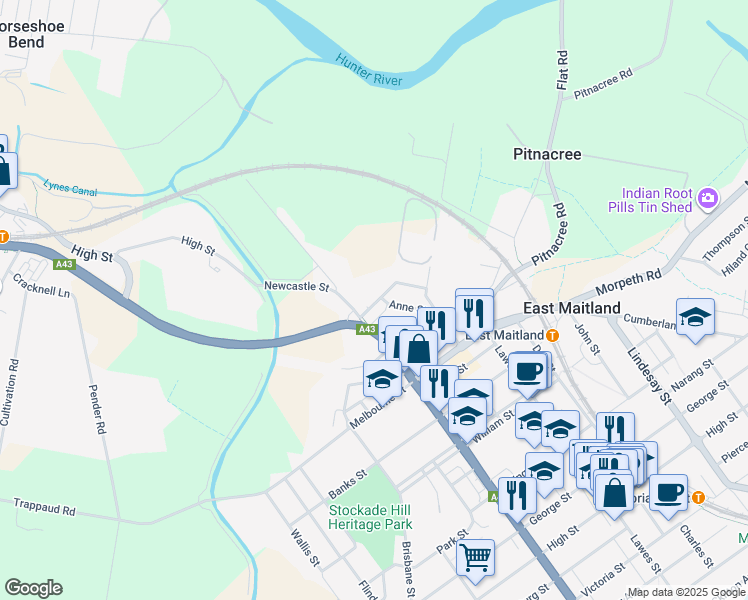 map of restaurants, bars, coffee shops, grocery stores, and more near 25 Fitzroy Street in East Maitland