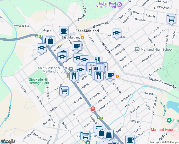 map of restaurants, bars, coffee shops, grocery stores, and more near 109 George Street in East Maitland