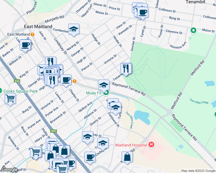 map of restaurants, bars, coffee shops, grocery stores, and more near 31 Raymond Terrace Road in East Maitland