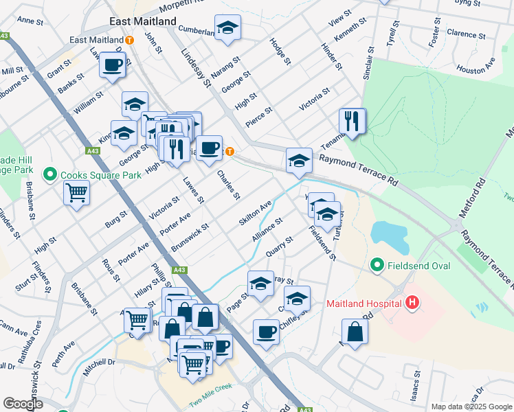 map of restaurants, bars, coffee shops, grocery stores, and more near 17 Skilton Avenue in East Maitland