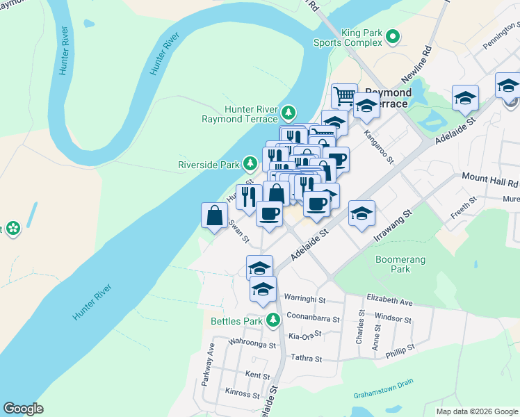 map of restaurants, bars, coffee shops, grocery stores, and more near 2A Jacaranda Avenue in Raymond Terrace
